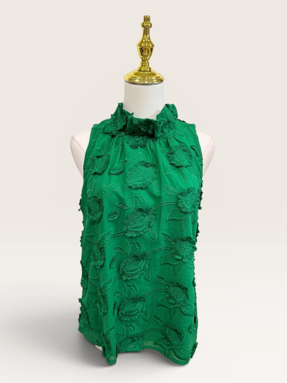 Abbey Glass Small Barbara Green Ruffle Neck Top 3D Floral Cotton NWT $145